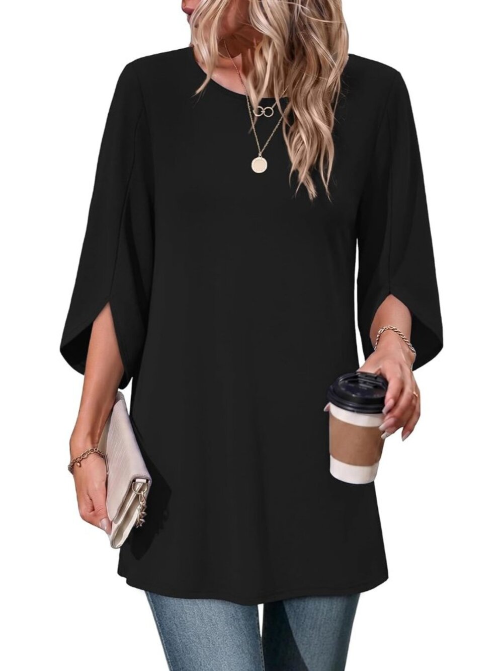 Women's Black 3 4 Length Sleeve Boho Crew Neck Casual Tops Imported T Shirts